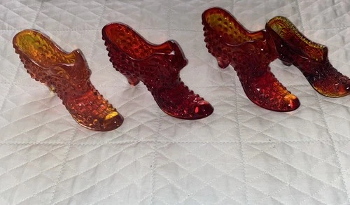 Vintage Glass Shoes Slippers Fenton Cat Panther Heads Set/4 Red Amberina