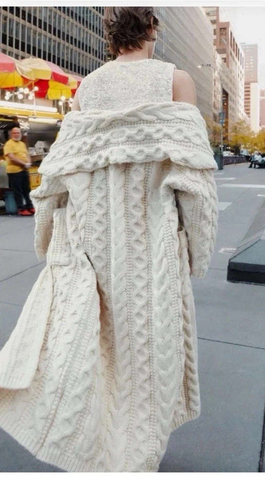 BNWT ZARA LONG CABLE-KNIT COAT ECRU NEW FW24/25 SIZE S REF. 3653/109 - Image 3 of 4