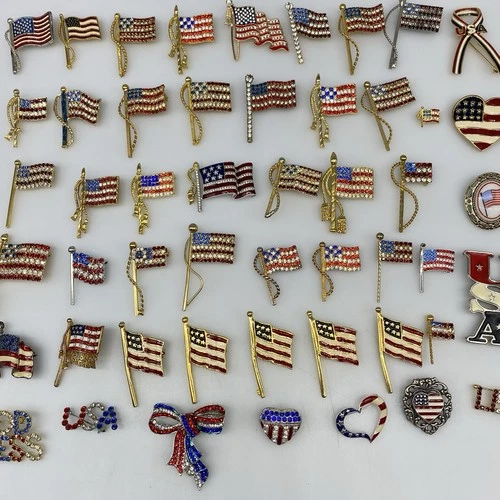 Lot of 50 Vintage Patriotic FLAG BROOCH Pins Rhinestone Enamel Costume Jewelry