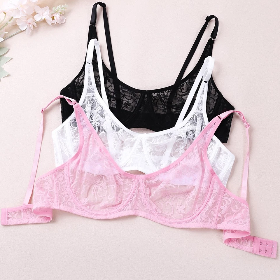 3Pcs Bras Women Bras Lace Sheer Brassiere Underwired Bra Sissy Sexy Lingerie BH - Image 2 of 4