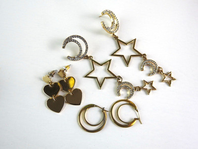 Gold Tone Celestial, Stars, Moon, Night, Astronomy, Earring Bundle (4 Pairs)