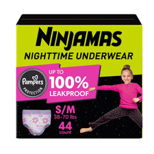 Ninjamas Nighttime Bedwetting Underwear Girls 44 Count Size S/M 38-70lbs