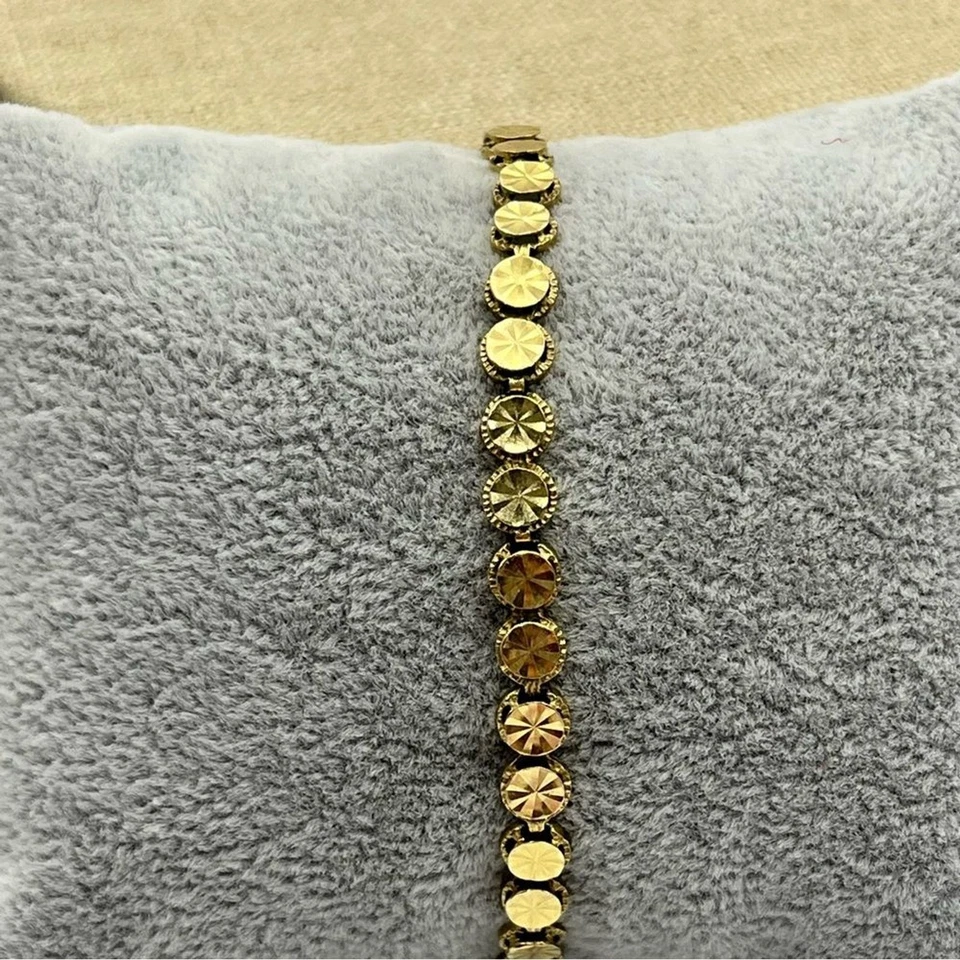 Brazalete tenis vintage Beverly Hills oro 14k corte diamante floral eslabón moneda 7,5" Foto 3 de 4