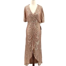 NW NIGHTWAY Sz 4 S rose gold sequin flutter sleeve hi-low midi dress NWT b46