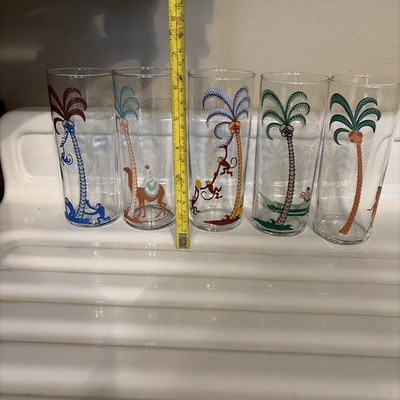 Set of 5 Vintage MCM Libbey Tropical Palm Tree Monkey Camel Tom Collins Glasses