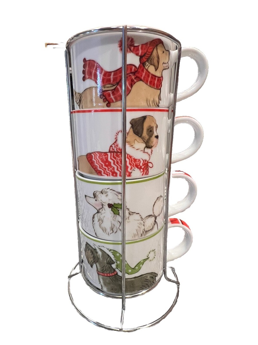 Set Of 4 Pier One Imports Holiday Dogs Christmas Stacking Mugs | eBay