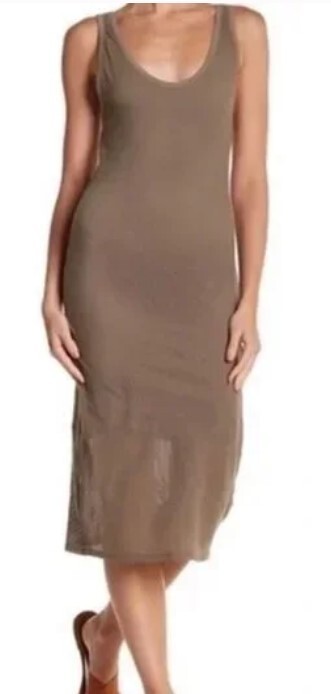 Michael Stars M Tank Mesh Dress Olive Green Stretch Knit Sleeveless Midi Boho