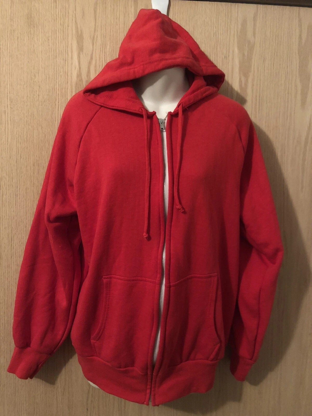 VINTAGE Big Yank Hoodie Mens Medium Red Thermal 80s Sweatshirt Full Zip Solid