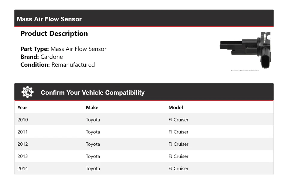 Sensor de flujo de aire masivo Cardone 2011 2012 2013 para Toyota FJ Cruiser 2010-2014 Foto 2 de 4