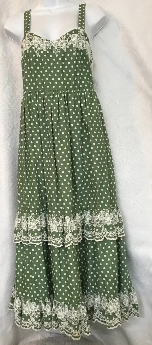tularosa dress Midi Green Polkadot Embroidered Sleeveless Tiered Sundress  Size S