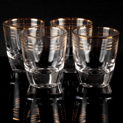 4 Schnapsgläser Shot 4,7 cm Likör Gläser Goldrand Ringe Streifen Dekor Vintage