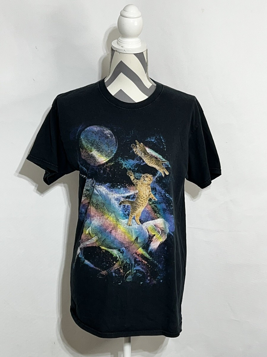 Space Cat Riding Unicorn T Shirt Men M Psychedelic Rainbow