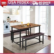 Dining Table Set for 4 w/ Upholstered Benches Rectangular Dining Table for Home