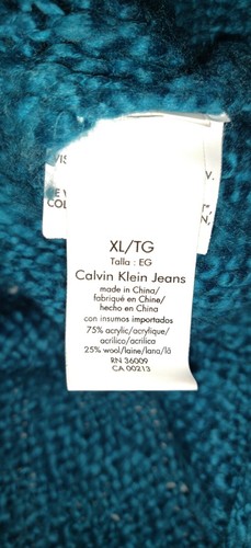 VTG Calvin Klein Jeans Cowl Sweater XL Wool Blend Soft Knit TURQUOISE - Picture 9 of 12