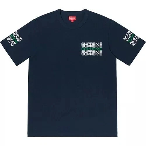 T shirt bleu marine à manches courtes logo empilé SUPREME grand L SS19 neuf dans sa boîte