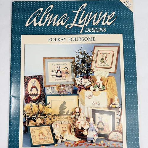 Alma Lynne Designs Folksy Foursome Cross Stitch Pattern Rabbit Cat Goose Vintage - Picture 2 of 11
