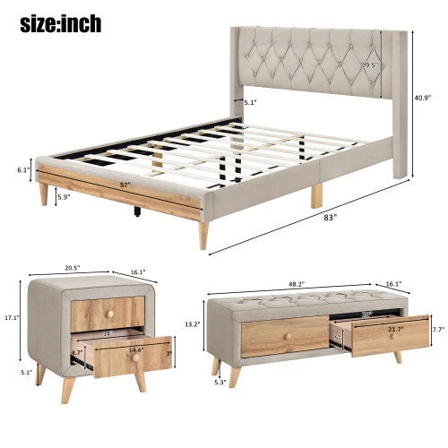 Full Queen Size Bedroom Sets Upholstered Platform Bed Frames Nightstands Bench - Image 4 of 4