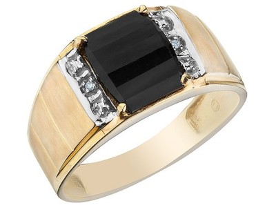 10K Yellow Gold Mens Onyx Ring with Accent Diamonds