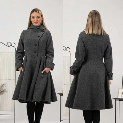 Damen Grauer Mantel Lange Jacke Saum Rock Tweed Winter Lang Business Elegant - Bild 1 von 4