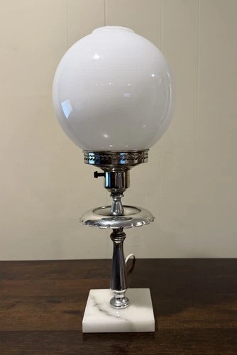 Vintage MCM Chrome Milk Glass Globe w/ Marble Base Parlor Hurricane Table Lamp