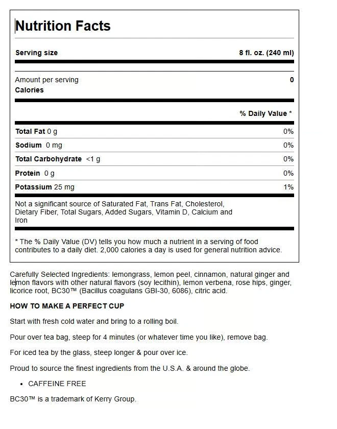 Bigelow Tea Limón Jengibre Té de Hierbas Plus Probióticos 18 Bolsa(S) Foto 2 de 2