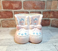 Vintage Shower Nursery Planter Decor Ceramic Pink Baby Booties Girl W/flowers