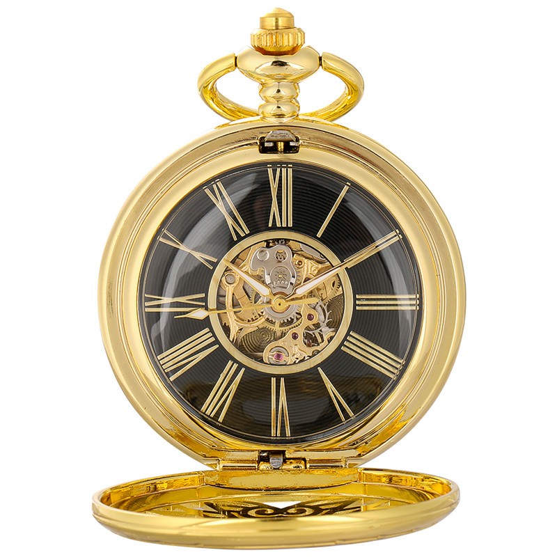 Mens Pocket Watch Mechanical Double Hunter Skeleton Short Chain Christmas Gifts