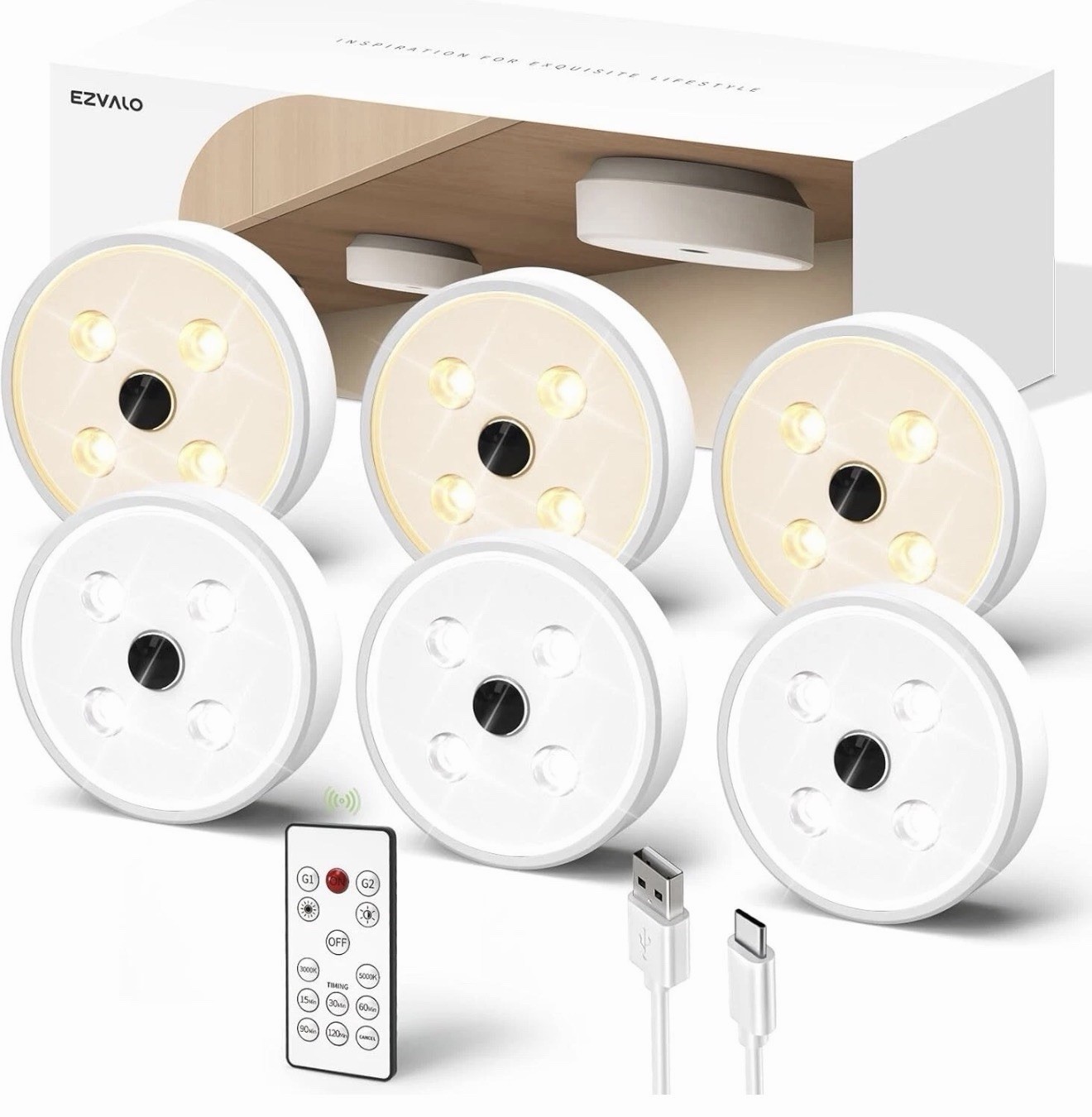 6 x Ezvalo Rechargeable Puck Pro LR2 Lights Remote LED USB Under Cabinet Counter