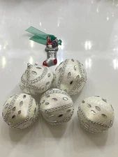 White Holographic Iridescent & Silver Jeweled Christmas Ornaments Set of 6