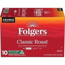 Folgers Classic Roast Coffee, Medium Roast, Keurig K Cup Pods, 10 Count Box