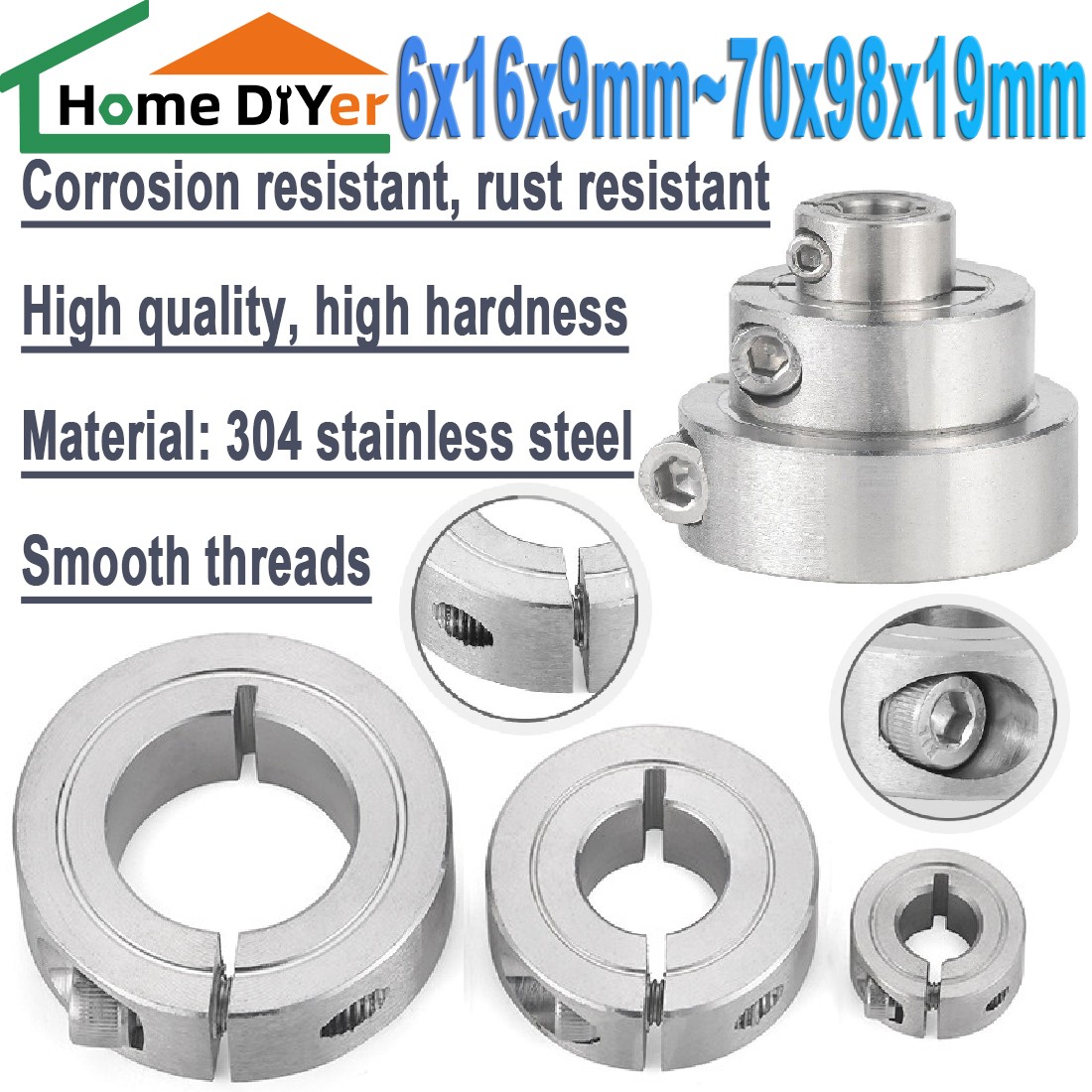 6mm-70mm Bore 304 stainless Single Split Shaft Stop Clamp Collar Thick 9mm-19mm