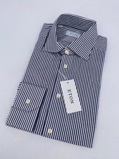 Eton Dress Shirt Mens L 16 - 41 White Navy Striped Slim Fit Business Button Up