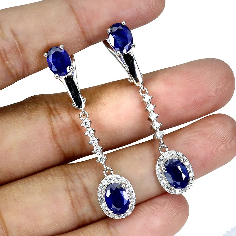 925 Sterling Silver Earrings Oval Blue Sapphire 7x5mm Natural Gemstone Jewelry - Image 2 of 4