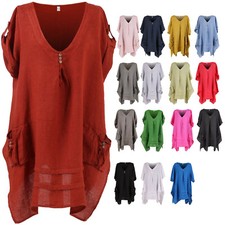 Ladies Italian Quirky V Neck Lagenlook Linen Kaftan Womens Plain Tunic Top Plus