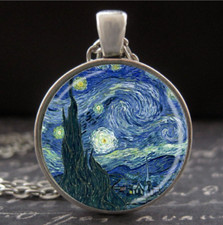 Vincent Van Gogh Starry Night Necklace Pendant Silver Glass Women Men's Jewelry