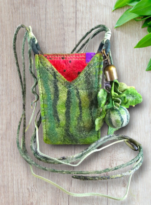 Smart Phone Case Cross Body Bag Watermelon Keychain Art Felted Wool Purse