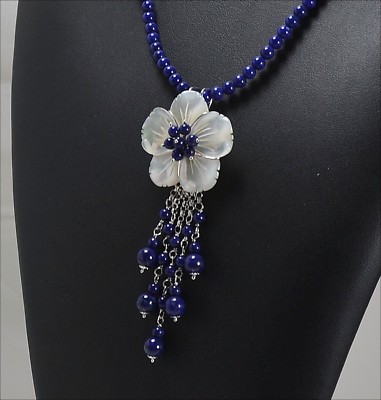 925 SILVER LAPIS LAZULI AND MOTHER OF PEARL FLOWER NECKLACE AND PENDANT AGDV 0107