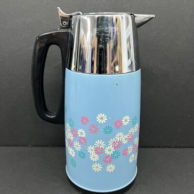 Vintage Zojirushi Elephant Brand Vacuum Bottle Pot Insulated Thermos Blue Daisy