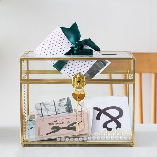 Glass Wedding Card Box with Slot and Lock, Large Clear Card Box Gold Brass Gi... - Picture 7 of 7