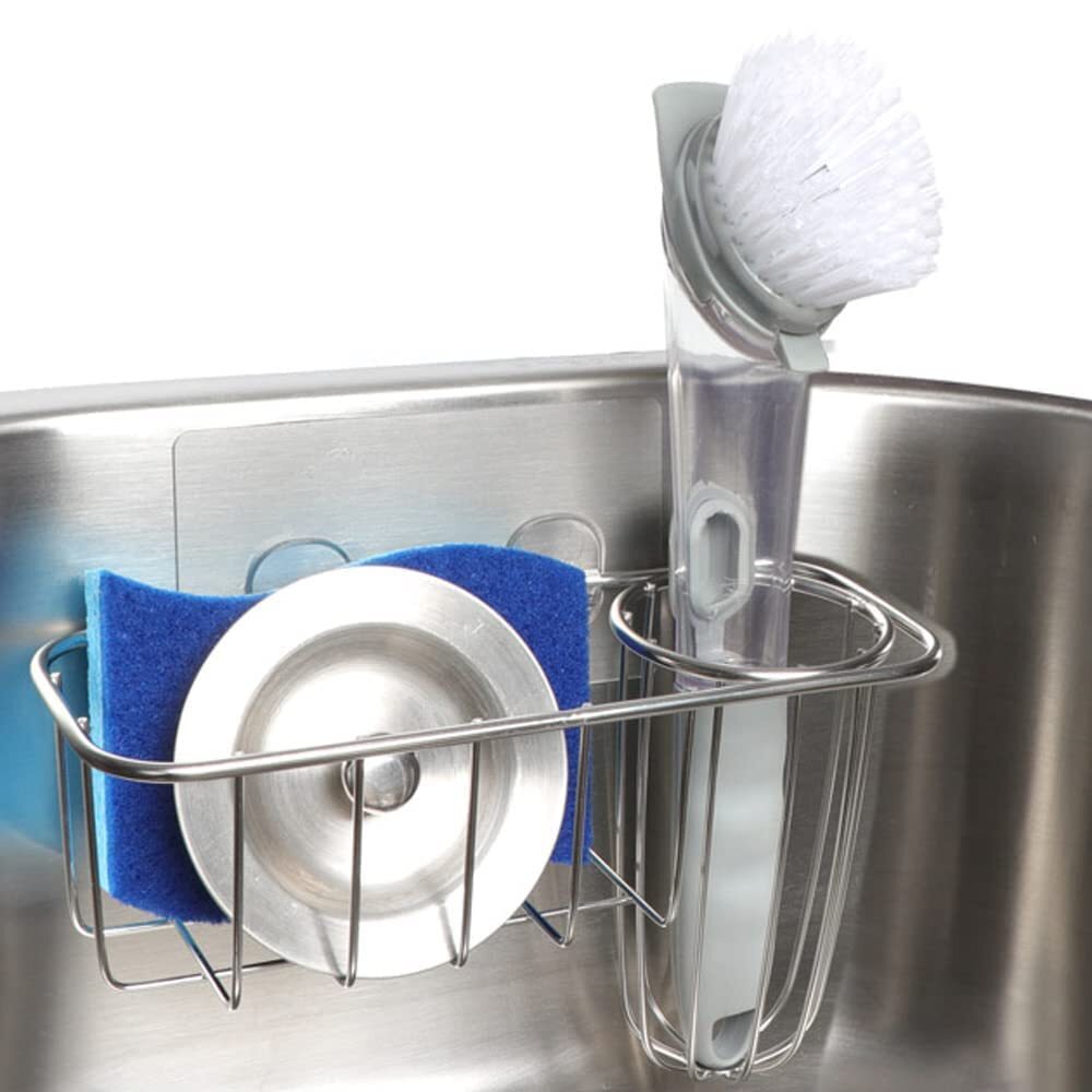 3-in-1 Stainless Steel Kitchen Sink Sponge Holder with Dish Brush Caddy for Organized Cleaning Essentials-image