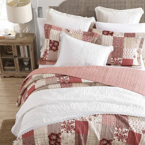 NEW! ~ ELEGANT CHIC PATCHWORK SHABBY WHITE BROWN RED PINK BURGUNDY QUILT SET - Picture 4 of 6