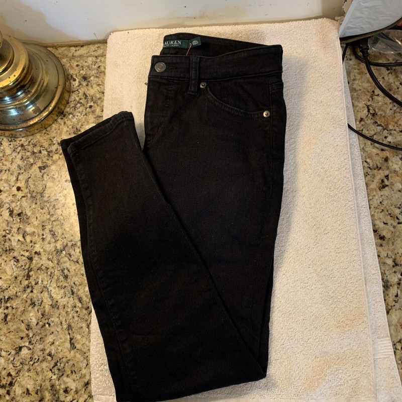 RALPH LAUREN WOMEN’s STONEWASHED SKINNY JEANS BLACK SIZE 4P LOGO RIVETS NEW