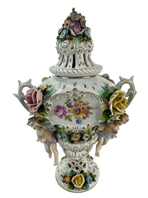 Dresden Porcelain Applied Flower Cherub Handles Urn Vessel Jar Hand Painted