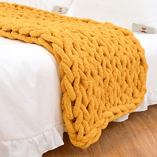 Chunky Knit Blanket Throw 40"×40", Hand 40"x40" (Small Size Throw) Yellow - Picture 3 of 7
