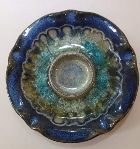 Stoneware Votive Candle Holder Dish Blue & Crackle Glass Bottom Fluted Edge  - Picture 2 of 7