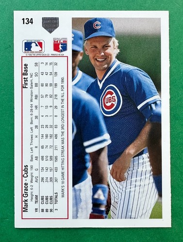 1991 Upper Deck Mark Grace #134 Chicago Cubs (4x Gold Glove/3x All-Star) - Bild 8 von 16