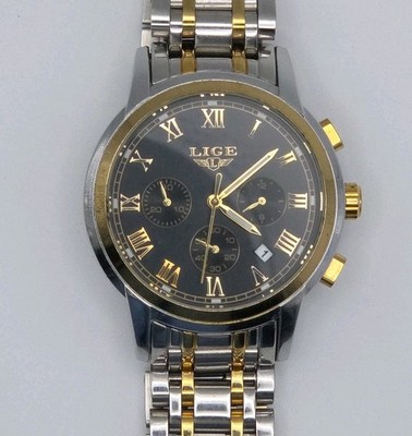 Lige 1853 Silver Gold Tone 42mm Case Black Dial Date Quartz Watch New Battery 