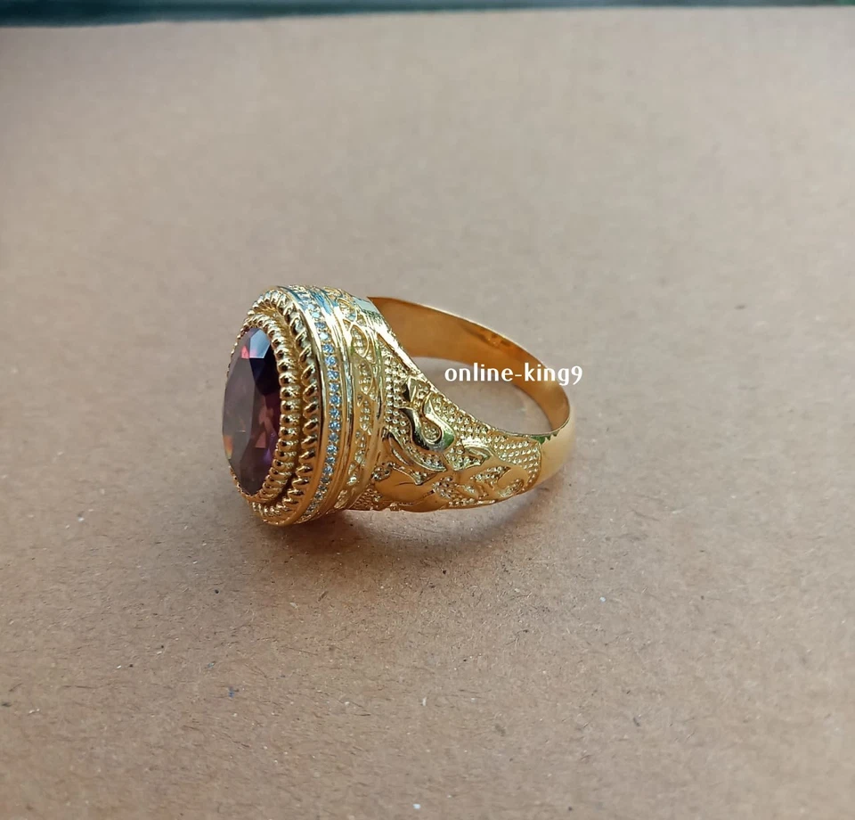 4Ct Oval Cut Simulated Purple Amethyst Men's Bishop Ring 14K Yellow Gold Plated - Image 4 of 4