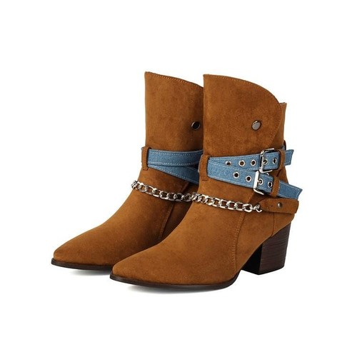 Damen Cowboy Ketten Spitz zulaufend Stiefeletten Blockabsatz Retro Freizeit Party Schuhe - Bild 10 von 14