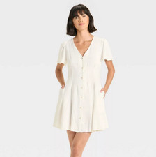Women's Short Sleeve Button Front Mini A-Line Dress Universal Thread Size XS